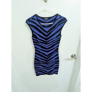 Zebra Animal Stripe Print Round Neck Mini Sweater Dress, Black & Blue Express XS